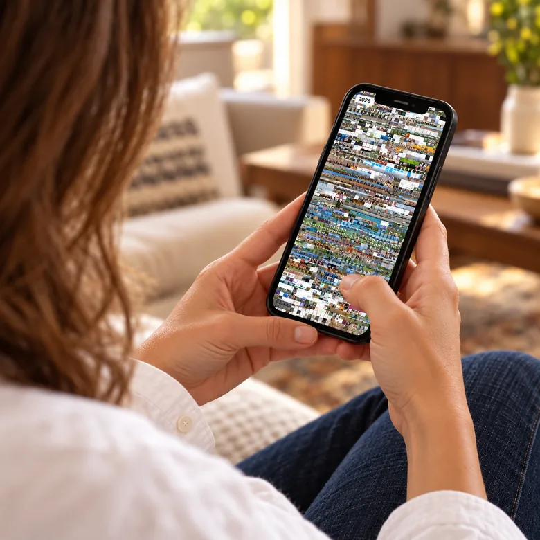 Over a woman's shoulder as she holds a phone filled with hundreds of photographs